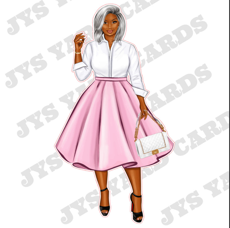 BROWN WOMAN WITH BAG: WHITE HAIR & PINK SKIRT