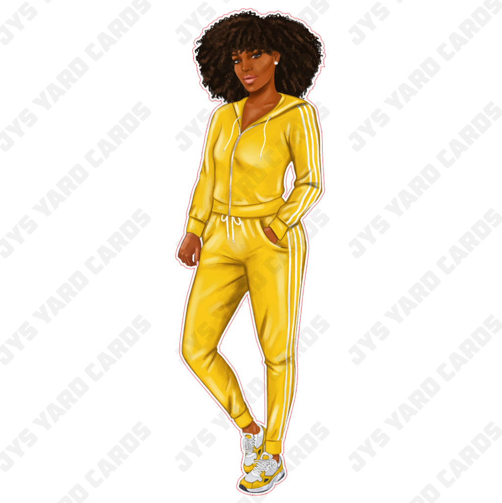 BROWN WOMAN IN SPORTSUIT: YELLOW - Yard Card Signs by JYS International