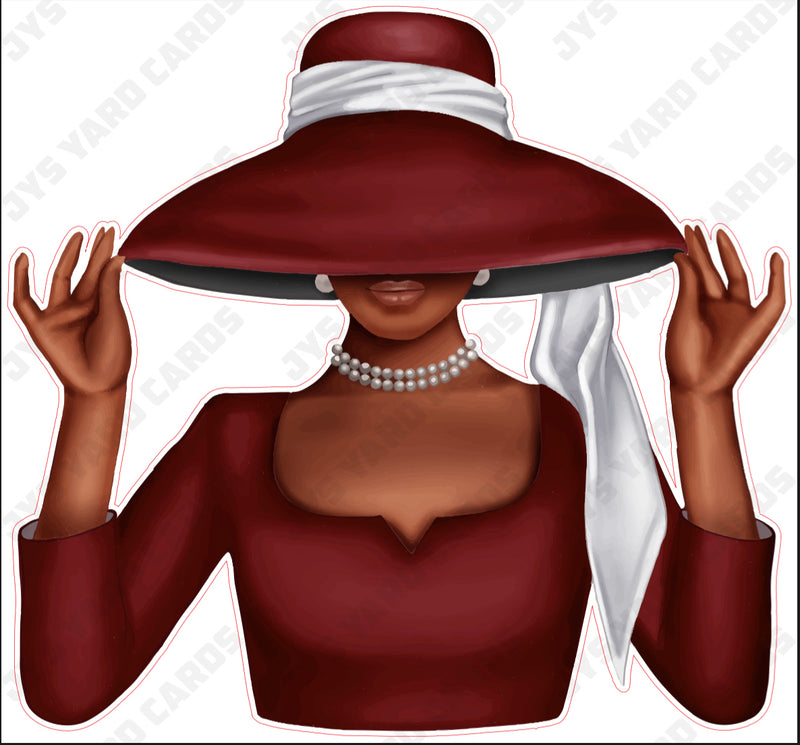 BROWN WOMAN WITH HAT: BURGUNDY