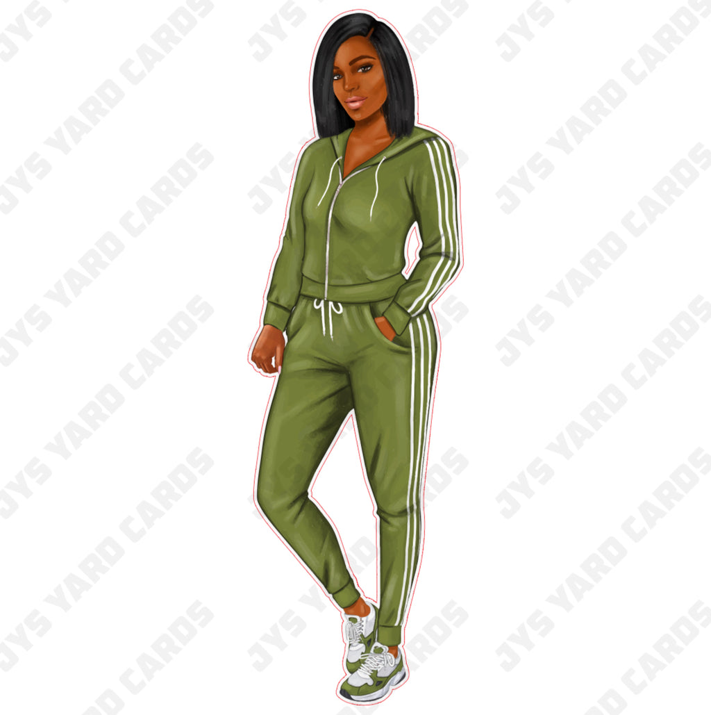 BROWN WOMAN IN SPORTSUIT: GREEN - Yard Card Signs by JYS International