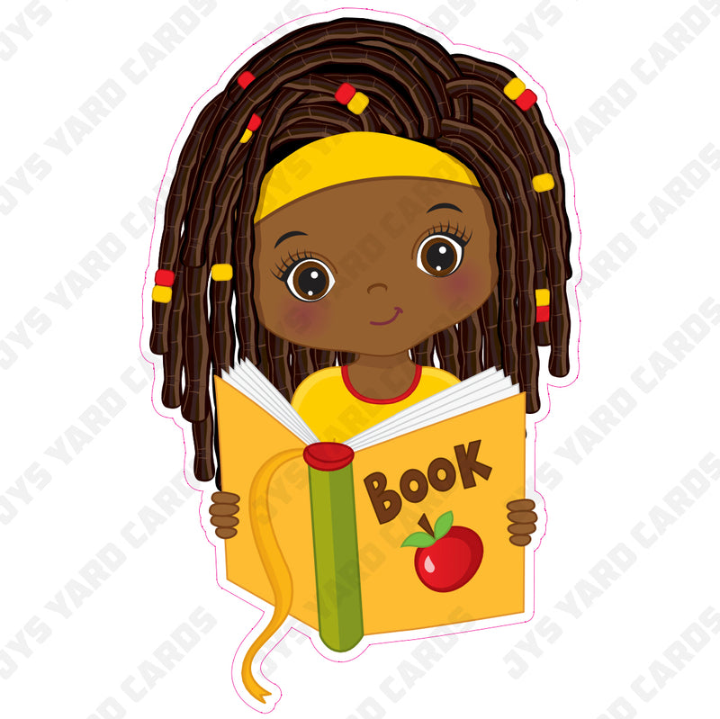 AFRO BABY GIRL IN YELLOW READING BOOK