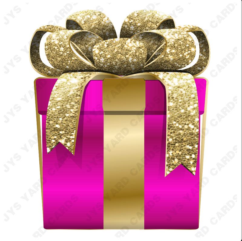 PRESENT: HOT PINK w/ GOLD BOW - Yard Card Signs by JYS International