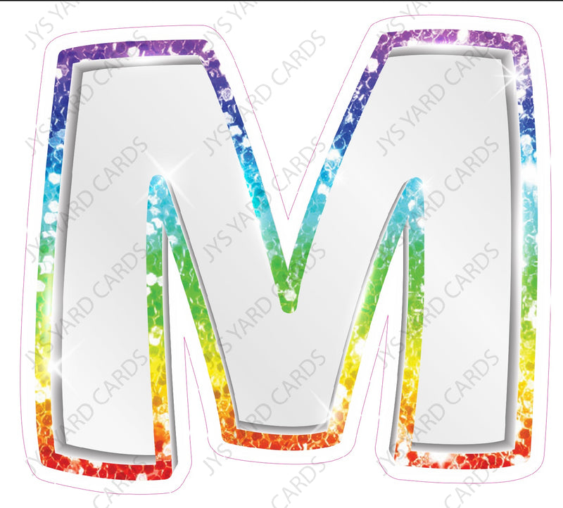 Single Letters: 12” Bouncy Metallic White With Rainbow - Yard Card Signs by JYS International