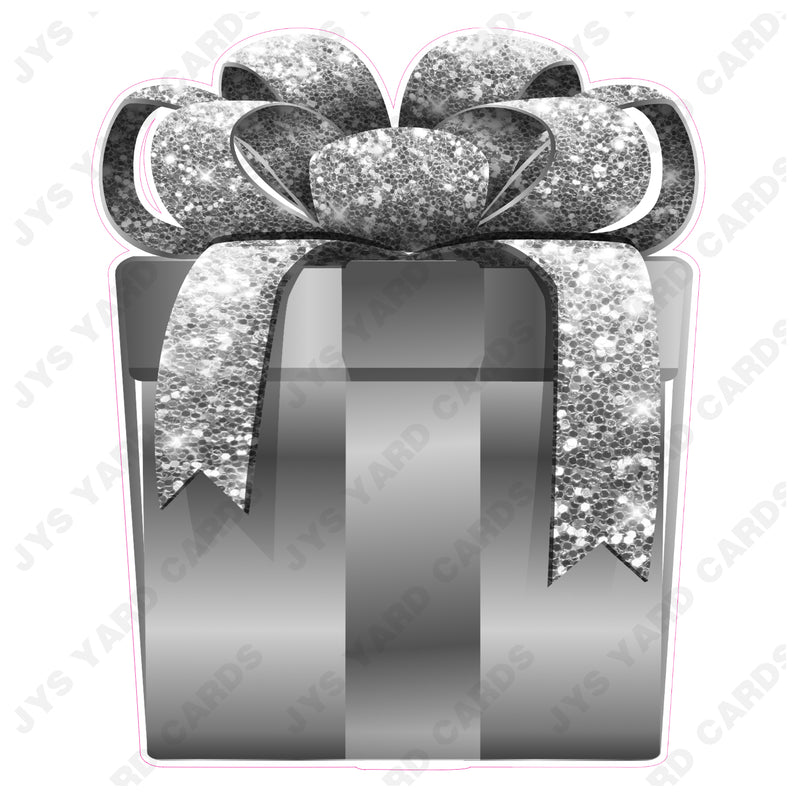 PRESENT: SILVER w/ SILVER BOW - Yard Card Signs by JYS International