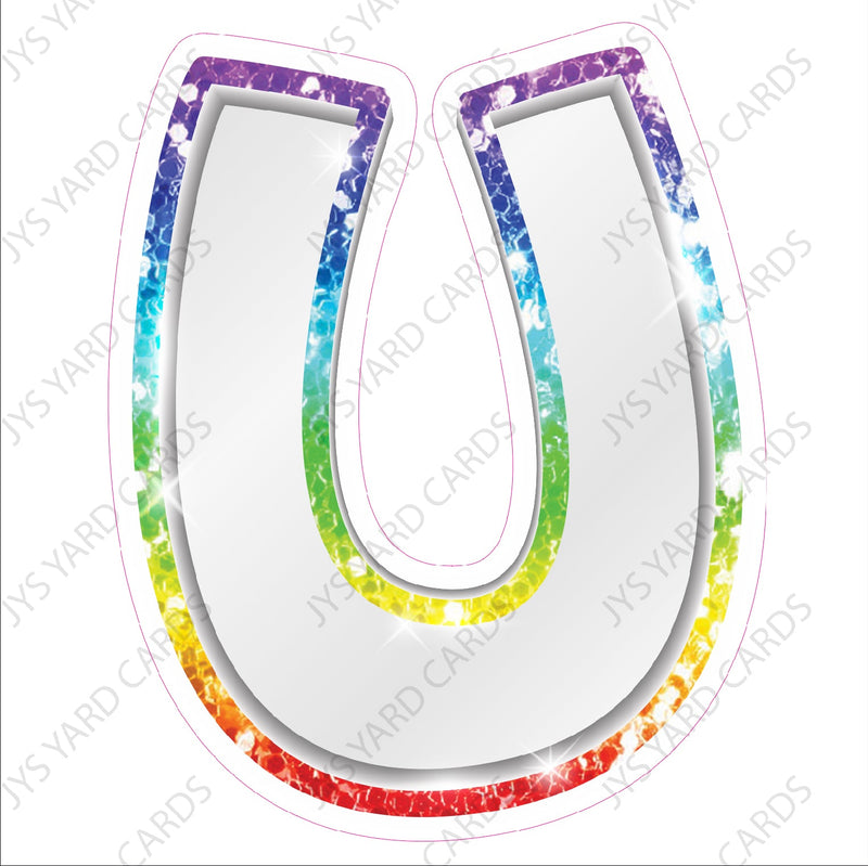 Single Letters: 12” Bouncy Metallic White With Rainbow - Yard Card Signs by JYS International