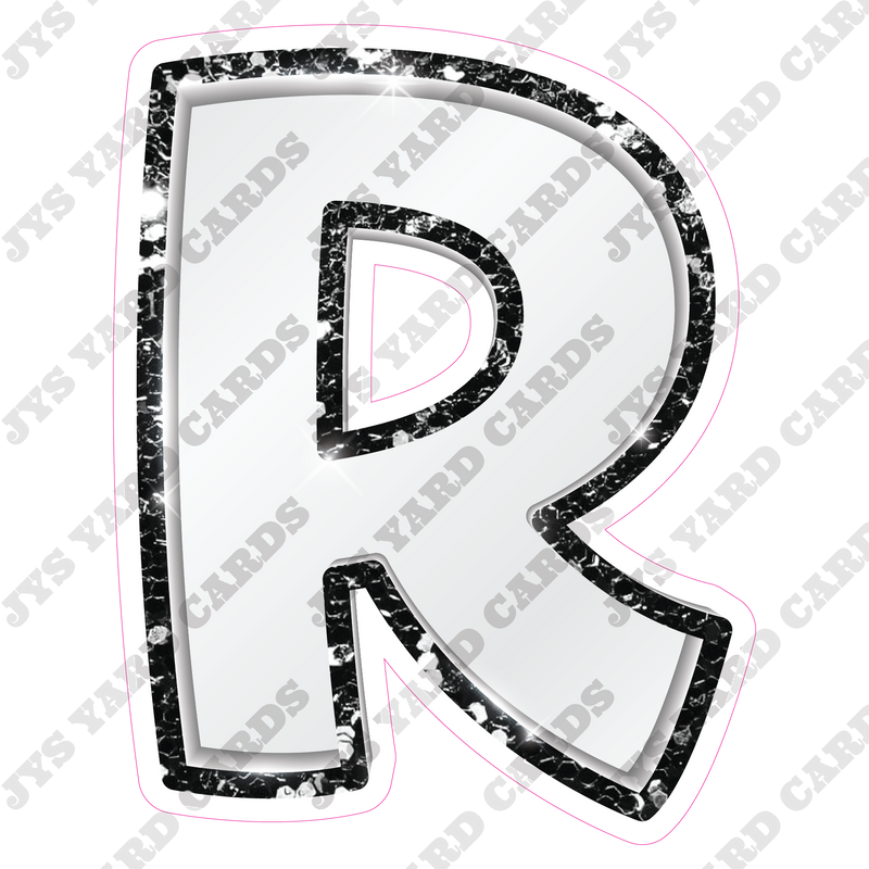 Single Letters: 12” Bouncy Metallic White With Black - Yard Card Signs by JYS International