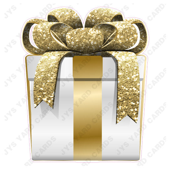 PRESENT: WHITE w/ GOLD BOW - Yard Card Signs by JYS International