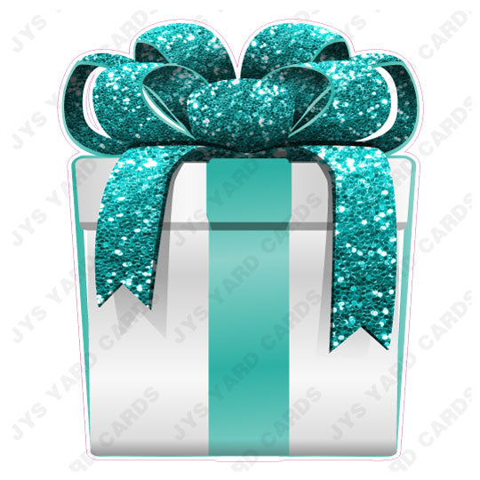 PRESENT: WHITE w/ TEAL BOW - Yard Card Signs by JYS International