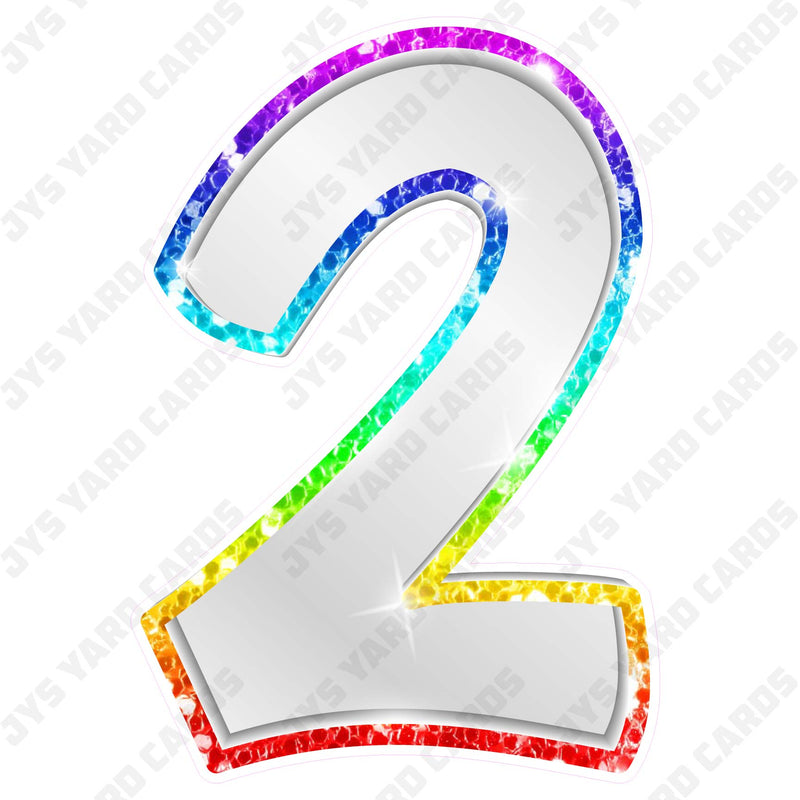 Single Numbers: 23” Bouncy Metallic White With Rainbow Trim - Yard Card Signs by JYS International