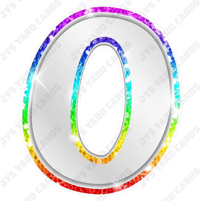 Single Numbers: 23” Bouncy Metallic White With Rainbow Trim - Yard Card Signs by JYS International