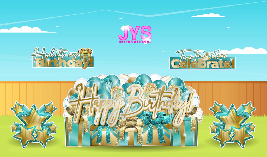 JAZZY HBD OVERLOAD: TEAL & GOLD (EZ FOLD) - Yard Card Signs by JYS International