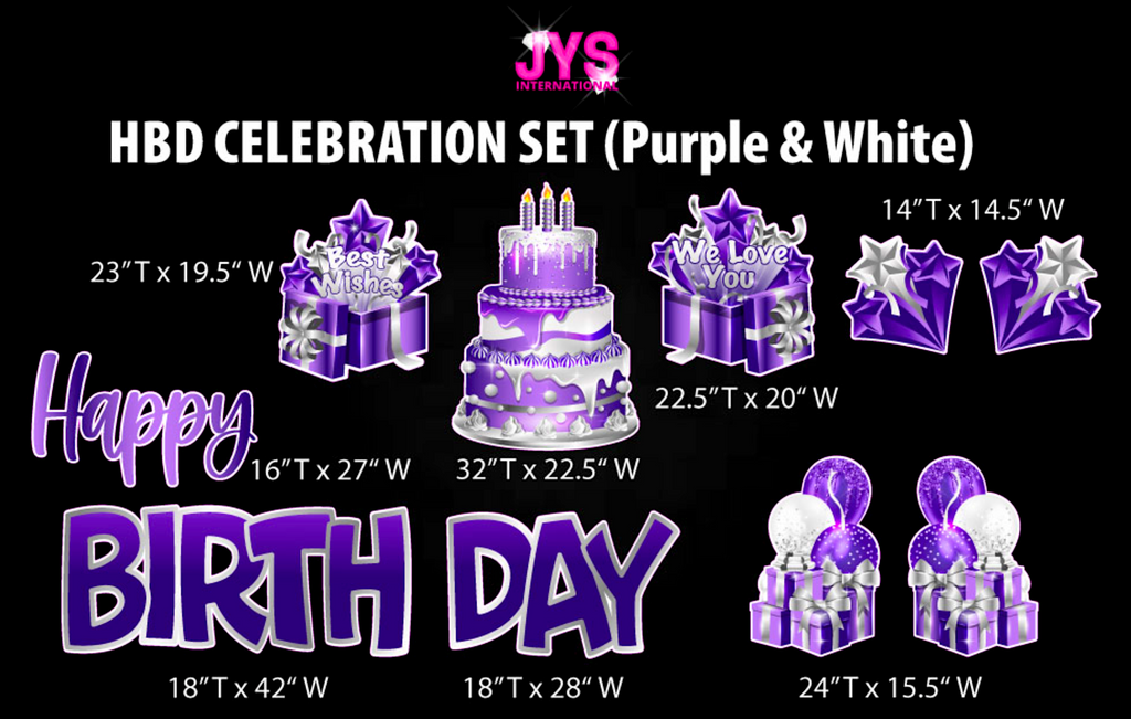 JYS HBD CELEBRATION SET: PURPLE & WHITE - Yard Card Signs by JYS International