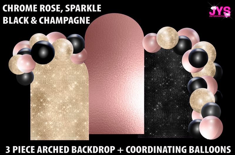 ARCHED BACKDROP: CHROME ROSE, SPARKLE BLACK & CHAMPAGNE